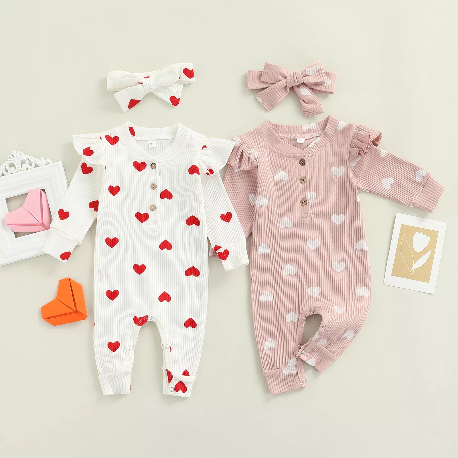 Baby Heart Print Rompers for Valentine's Day