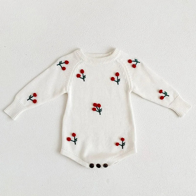 Infant Baby Girls Long Sleeve Cherry Print Knit Jumpsuit