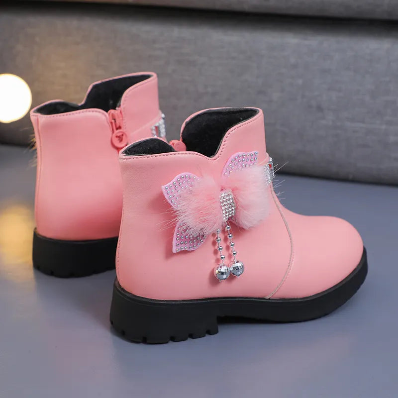 Girl's Mid-Length Warm Leather Boots with Bow Detail