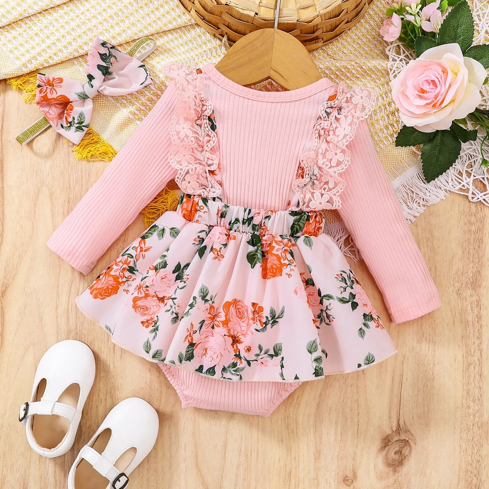 Baby Girl Romper: Floral Lace Jumpsuit with Bow Detailing