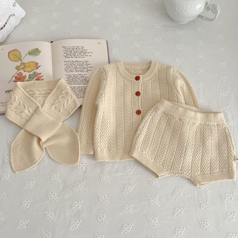 Baby Boys Girls Long Sleeve Solid Color Knit Coat + Shorts Sets