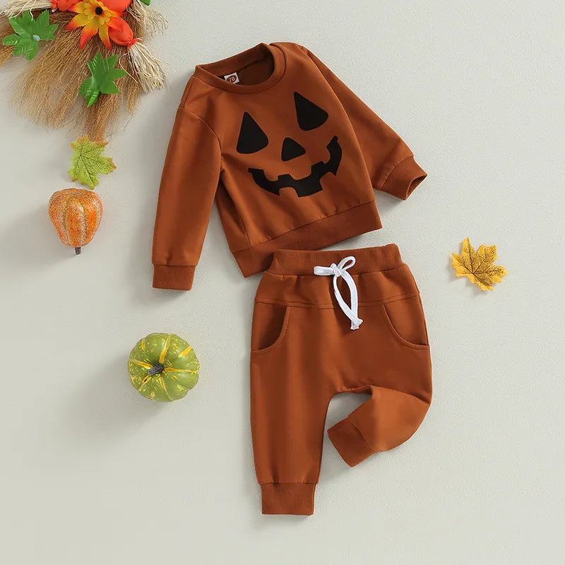 Pumpkin Face Print Toddler Boys' Halloween Outfit - 2-Piece Set