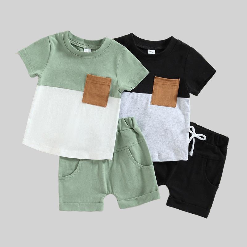 Summer Toddler Boys 2Pcs Outfit Set: Short Sleeve Contrast Tops & Drawstring Shorts (0-3 Years)