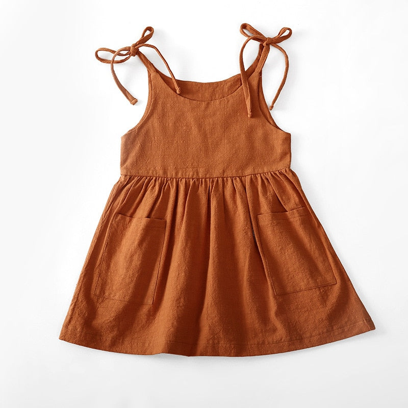 Summer Toddler Girl Cotton Dress with Pocket - Sleeveless Beach Slip Dress for Girls