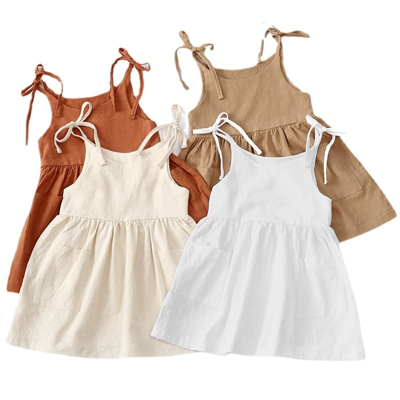 Summer Toddler Girl Cotton Dress with Pocket - Sleeveless Beach Slip Dress for Girls
